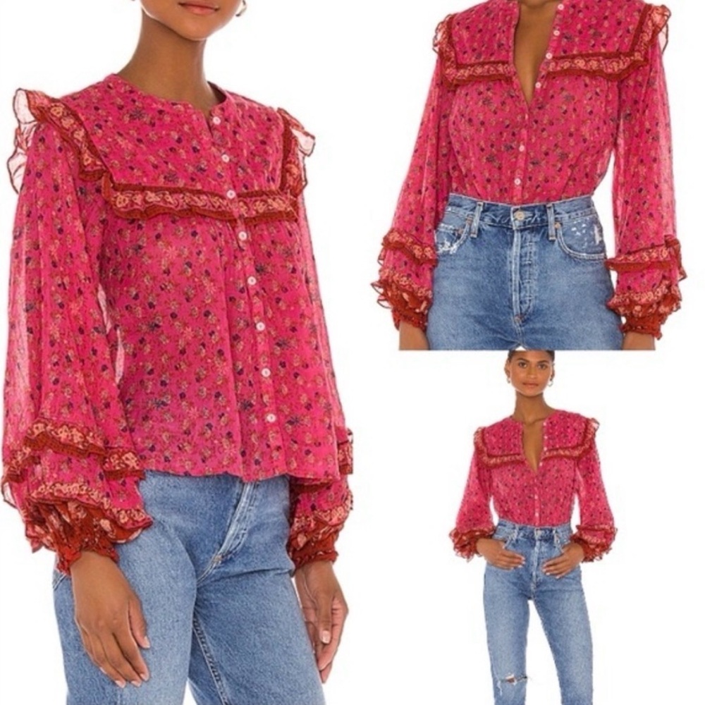 Free People Jenna Pink Floral Lace Blouse